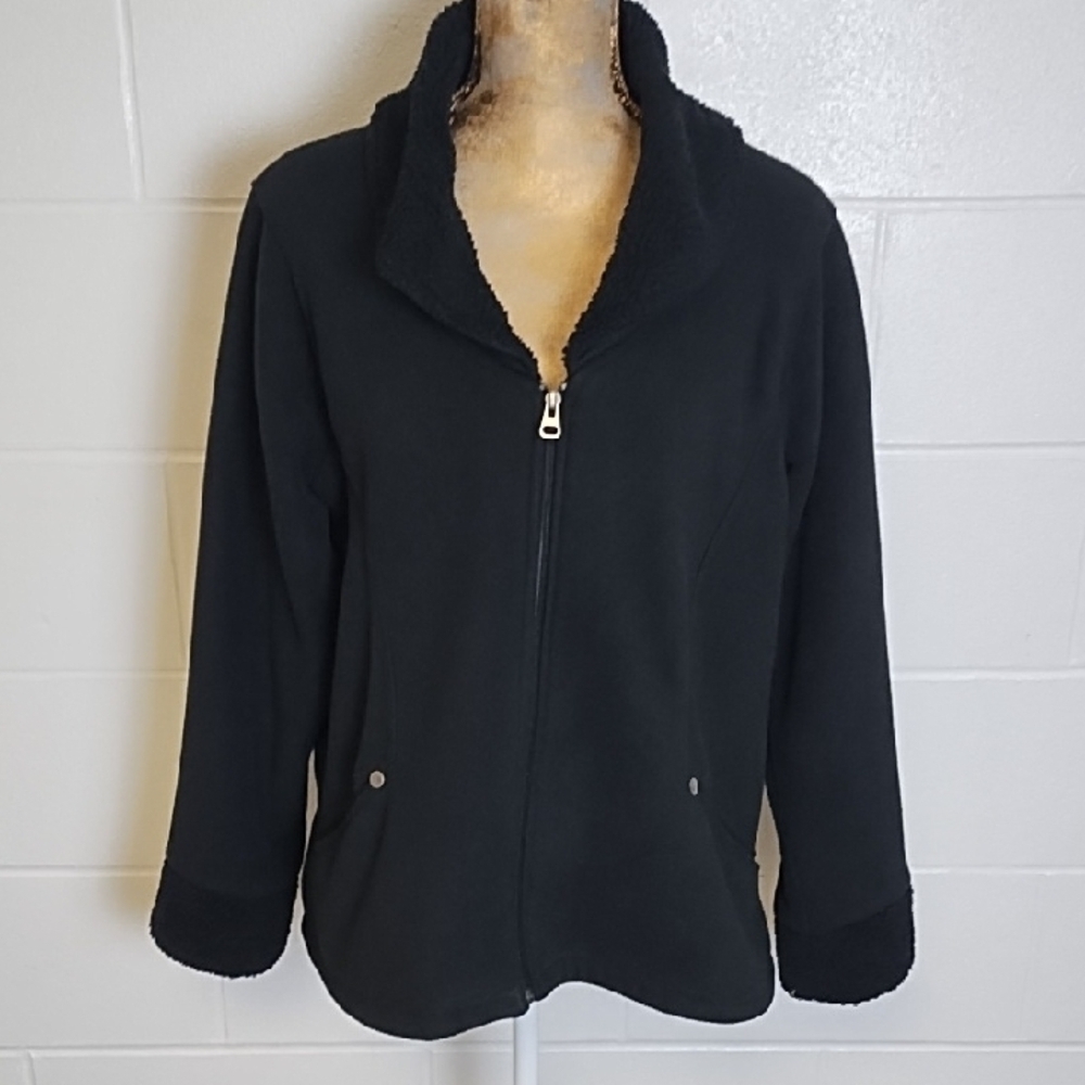 Black Soft Fleece Jacket Lined with Sherpa Fleece & Accents on Cuffs & Collar